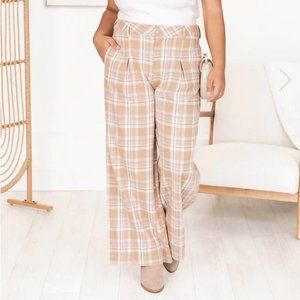 BNWOT Pink Lily Brand Trust The Process Tan Plaid Wide Leg Pants